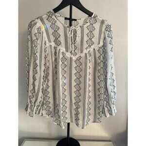 Como Black Boho Peasant Blouse S‎ White Blue Embroidered Stripe Tie Neck Flowy